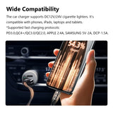 Black 60W USB PD Type-C car charger adapter with short cable, shown in pairing mode on a smartphone screen displaying 54.3% charged.