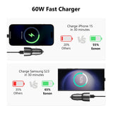 Black 60W fast charge USB PD Type-C car charger adapter for iPhone 15, 14, 13, and 12 Pro Max with color icons.