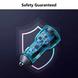 Blue cylindrical 60W fast charge USB PD Type-C car charger adapter with chip inside, shown in side view against dark background.
