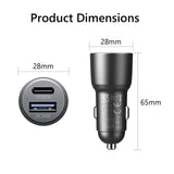 Black 60W USB PD Type-C car charger adapter with 28mm width, 65mm length, and visible PD logo on cylindrical housing.