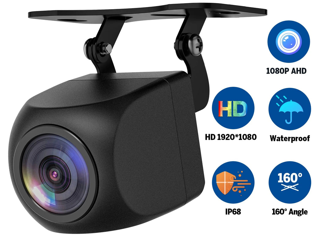 Black 1080P AHD rear view backup camera with wide angle lens, blue and white label showing specs and icons.