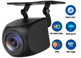 Black 1080P AHD rear view backup camera with wide angle lens, blue and white label showing specs and icons.