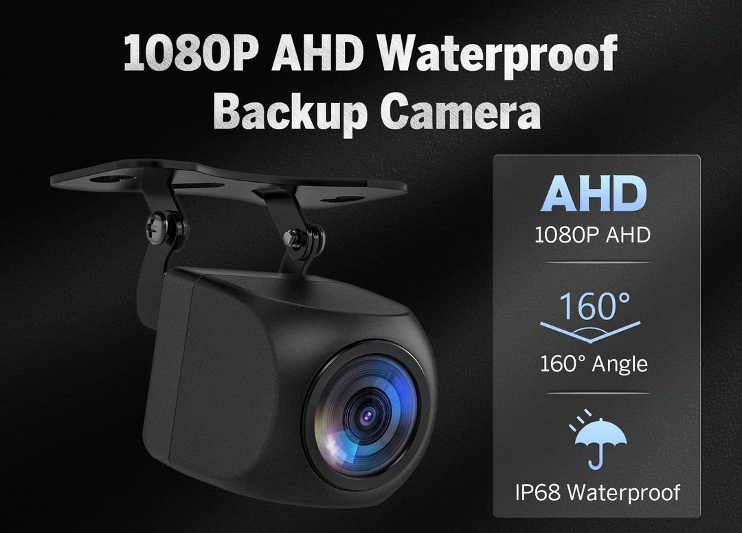 Black 1080P AHD rear view backup camera with wide angle lens, shown beside white box labeled “160° Angle” and “Waterproof.”