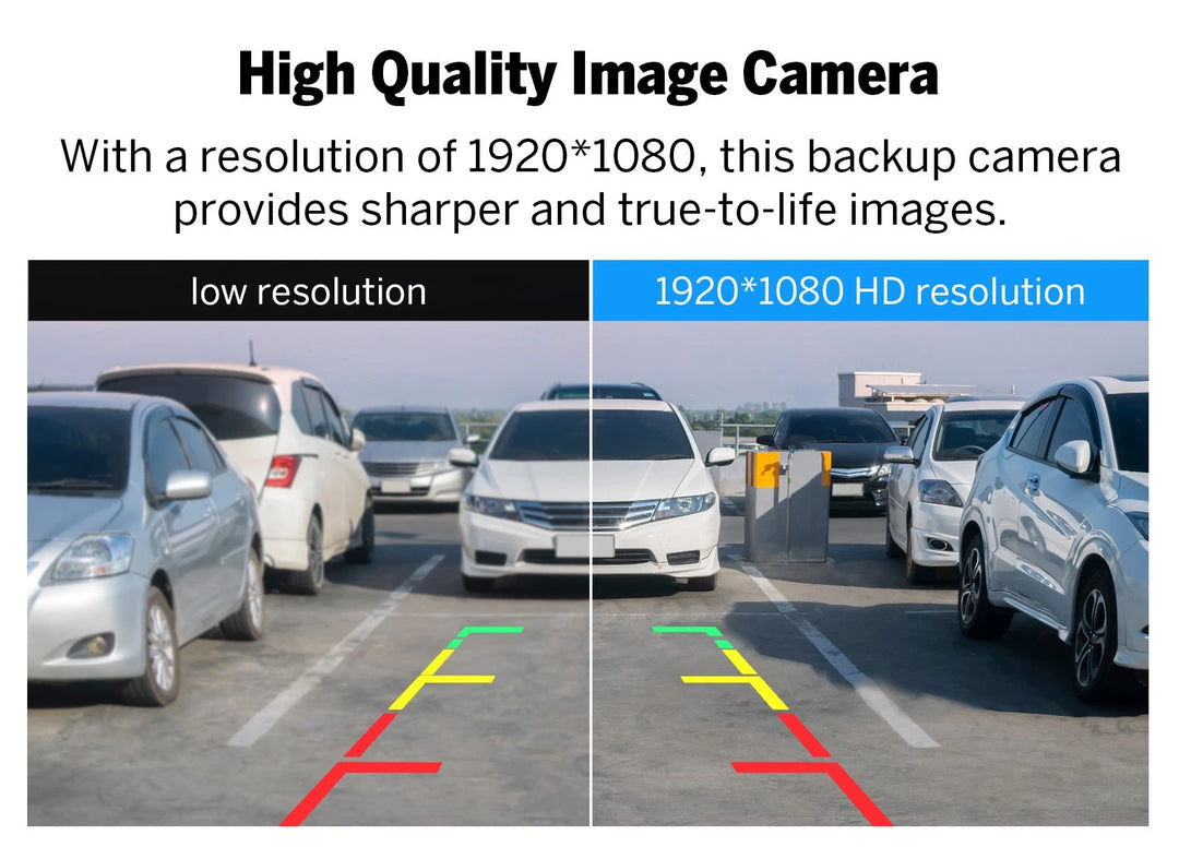 1080P AHD 160° car rear view backup camera with black and white image, red line, and yellow circle parking indicator.