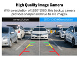 1080P AHD 160° car rear view backup camera with black and white image, red line, and yellow circle parking indicator.