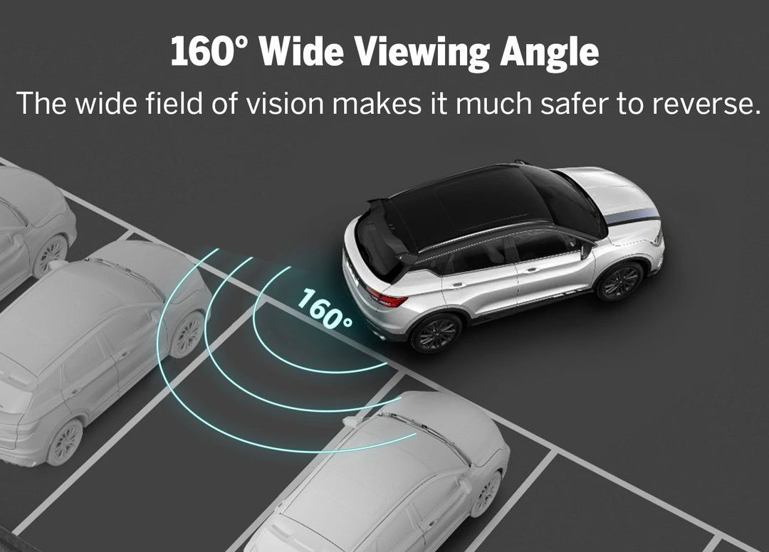Silver 1080P AHD rear view backup camera with 160° wide angle, shown in parking lot with blue circular view.
