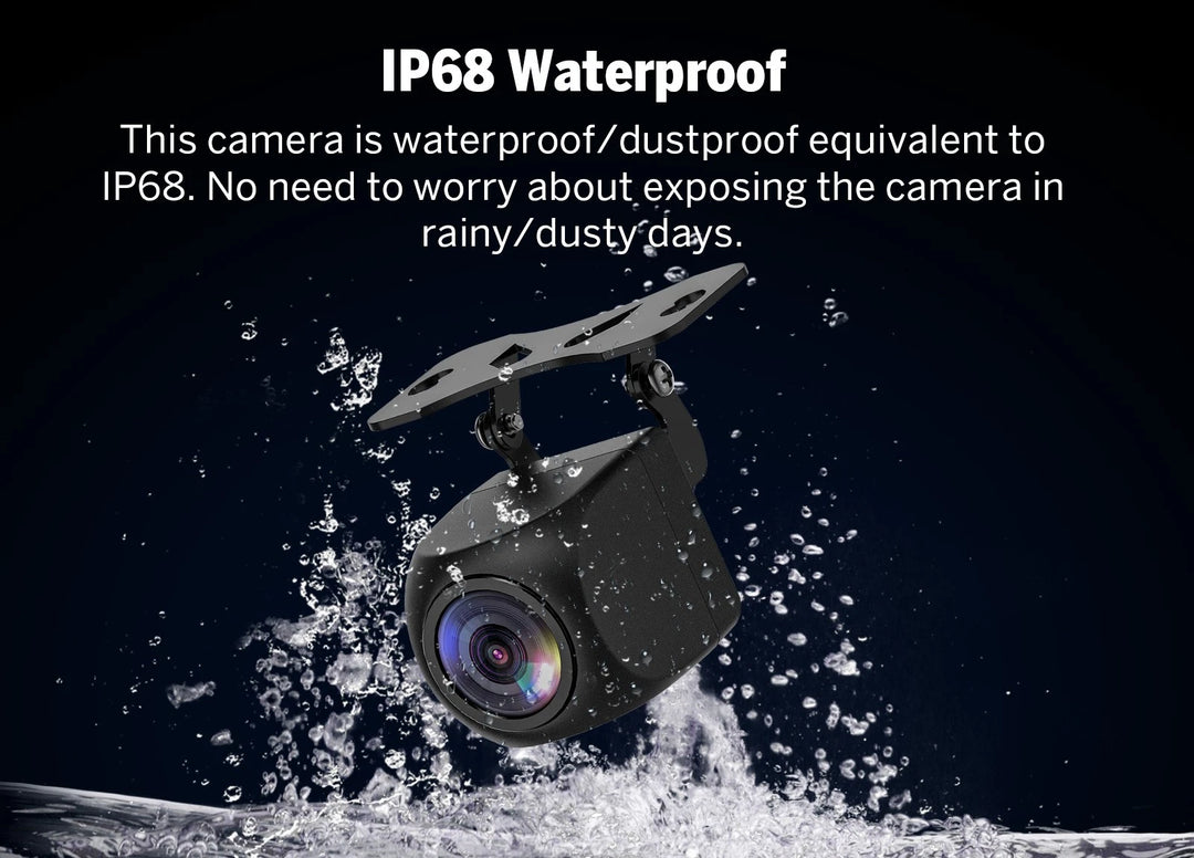 Black 1080P AHD rear view backup camera with wide angle lens, shown with water splash screen and mounting hardware.