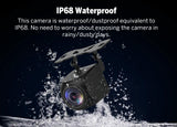 Black 1080P AHD rear view backup camera with wide angle lens, shown with water splash screen and mounting hardware.