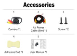 White box listing 1080P AHD 160° car rear view backup camera with accessories: AV power cable, RCA adapter, and manual.