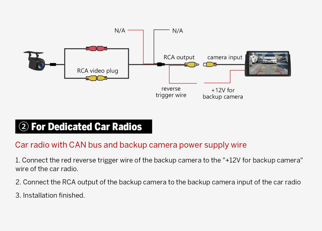Gray 1080P AHD 160° car rear view backup camera with black housing, white label, and RCA plug connector diagram.