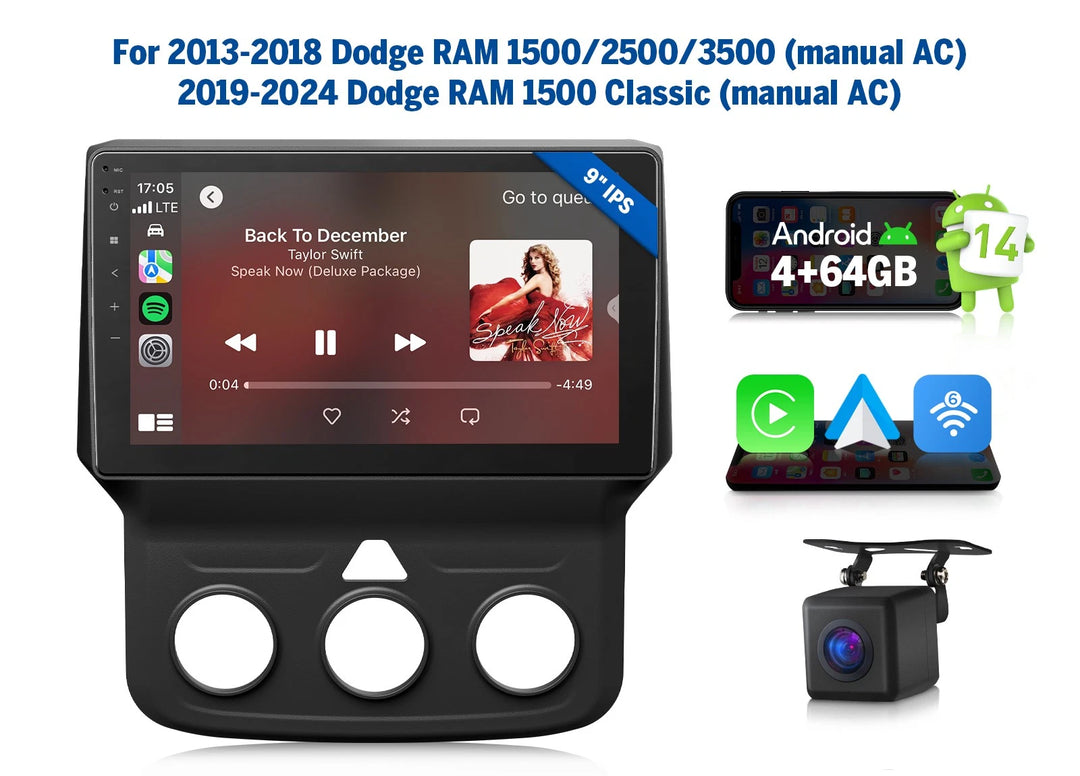 Black Android 14 9-inch IPS for Ram 3500 13-18 car radio stereo CarPlay in dash head unit with side buttons and screen.