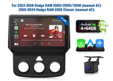 Black Android 14 9-inch IPS for Ram 3500 13-18 car radio stereo CarPlay in dash head unit with side buttons and screen.