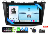 Black M3BLX7S 9-inch QLED Android 14 car radio with touchscreen, blue-themed home screen, and labeled buttons.
