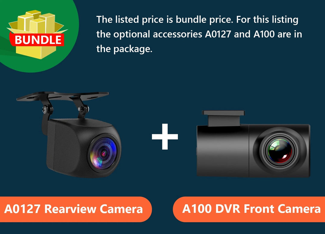 Black M3BLX7S 9-inch QLED Android 14 car radio with rearview camera and A100 DVR front camera in blue box.