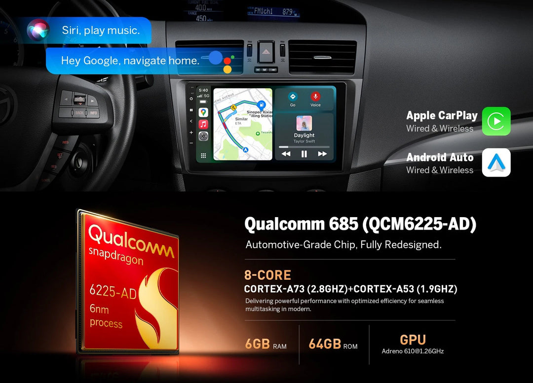 Black M3BLX7S 9-inch QLED Android 14 car radio with Apple CarPlay, Google Maps, and red Qualcomm G855 chip graphic.