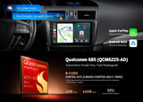 Black M3BLX7S 9-inch QLED Android 14 car radio with Apple CarPlay, Google Maps, and red Qualcomm G855 chip graphic.