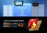 Black M3BLX7S 9-inch QLED Android 14 car radio with specs, CPU, RAM, Wi-Fi 6, and red Snapdragon 8+ core.