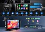 Black 9-inch QLED Android 14 car radio with wireless CarPlay, side panel, and colorful abstract display.