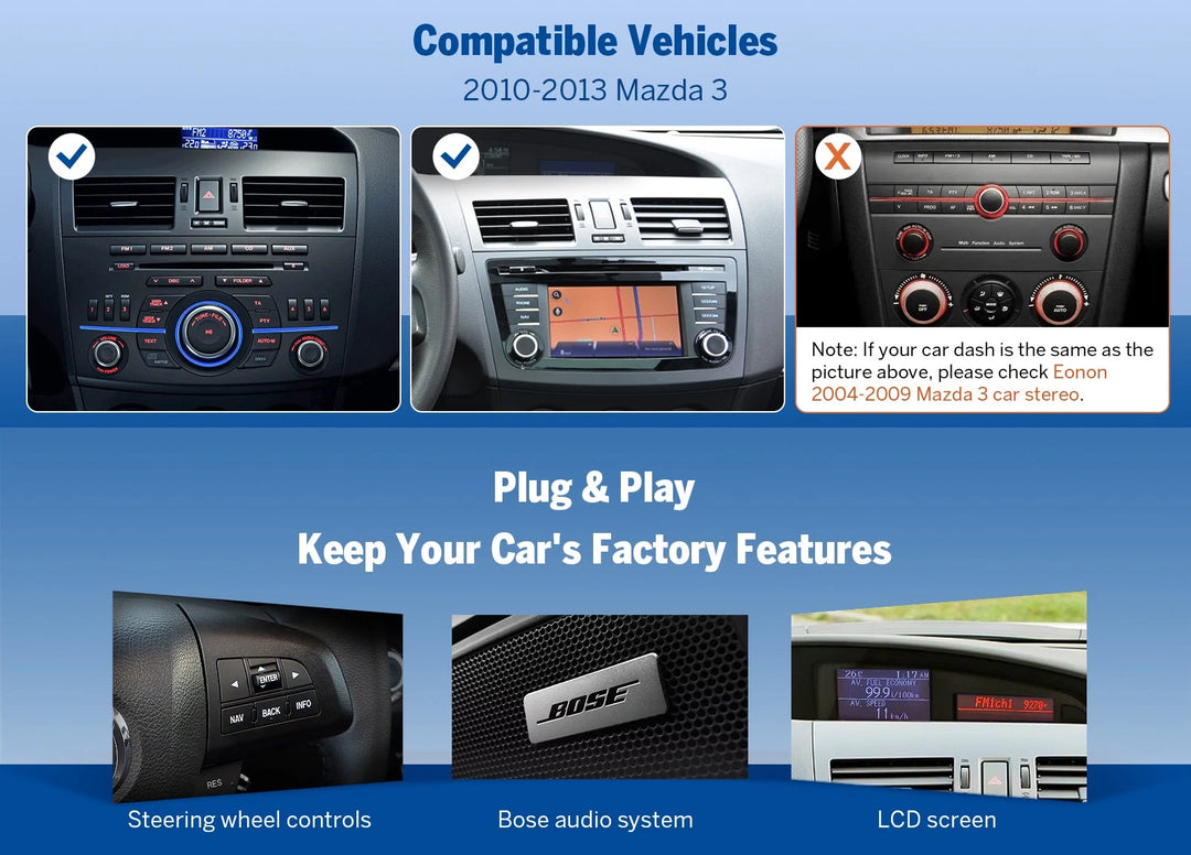 Blue text box with Mazda3 2010-2013 6+64 wireless CarPlay options, including steering wheel controls and Bose audio system.