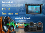 Black M3BLX7S 9-inch QLED Android 14 car radio with built-in DSP, surround sound, and coaxial optical audio output.