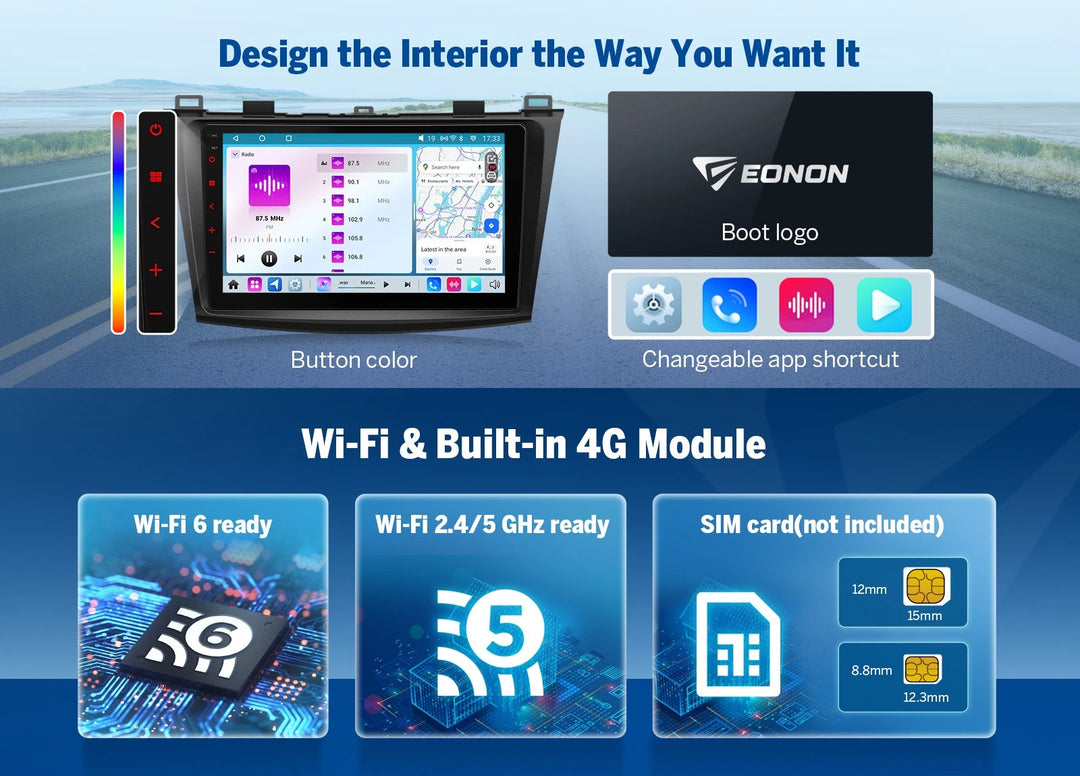 Black M3BLX7S 9-inch QLED Android 14 car radio with built-in 4G module, shown with colorful side panel and EONON logo.