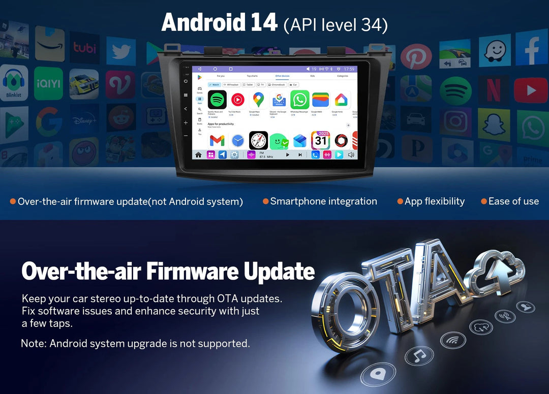Black M3BLX7S 9-inch QLED Android 14 car radio with wireless CarPlay, screen showing home apps and OTA update banner.