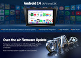 Black M3BLX7S 9-inch QLED Android 14 car radio with wireless CarPlay, screen showing home apps and OTA update banner.