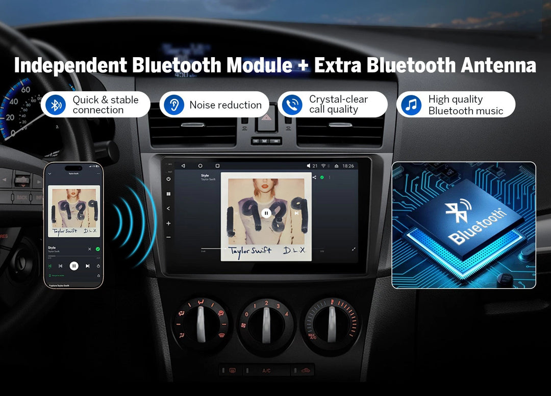 Black M3BLX7S 9-inch QLED Android 14 car radio with blue tooth module, antenna, and digital display showing 1998 song.