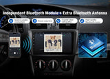 Black M3BLX7S 9-inch QLED Android 14 car radio with blue tooth module, antenna, and digital display showing 1998 song.