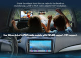 Backseat of a Mazda3 2010-2013 with a large 9-inch QLED Android 14 car radio and Silicon Labs SI47925 module.