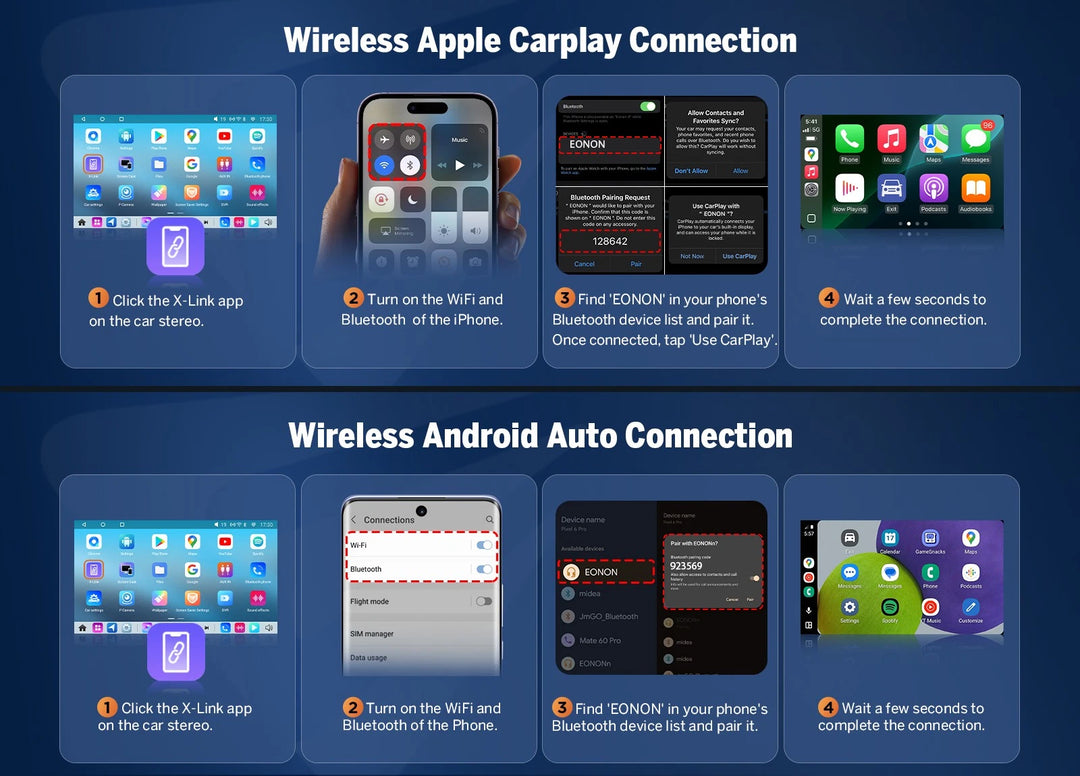 Blue box with two white circles: one for Wireless Apple CarPlay and one for Wireless Android Auto on a car radio.