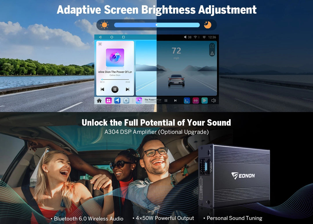 Black M3BLX7S 9-inch QLED car radio with wireless CarPlay, screen shows home apps and blue-to-white gradient.