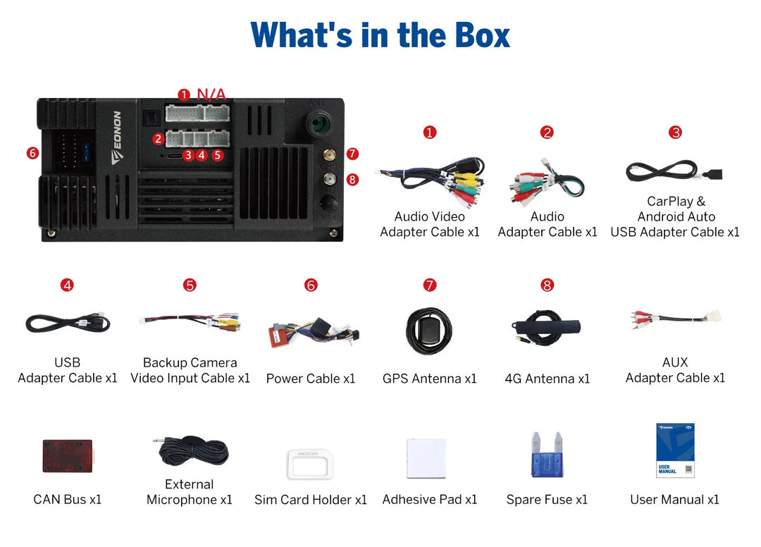 Black M3BLX7S 9-inch QLED Android 14 car radio with wireless CarPlay, shown with adapters and accessories.
