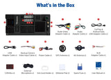 Black M3BLX7S 9-inch QLED Android 14 car radio with wireless CarPlay, shown with adapters and accessories.