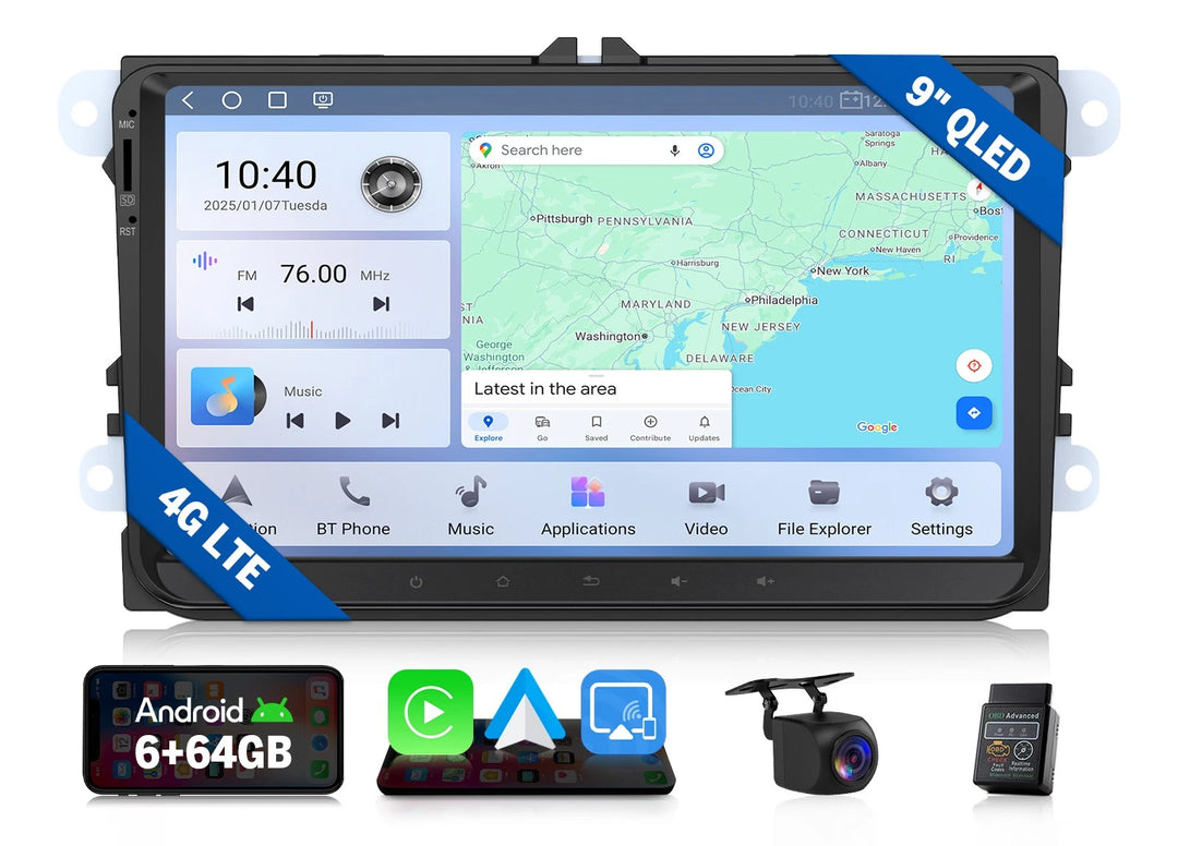 Black 9-inch QLED 6+64 Android Auto car radio headunit with navigation, music, and Bluetooth icons on screen.