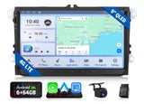 Black 9-inch QLED 6+64 Android Auto car radio headunit with navigation, music, and Bluetooth icons on screen.