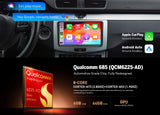 Black 9-inch QLED 6+64 Android Auto car radio headunit with Apple CarPlay and Google Assistant features, Qualcomm chip branding.