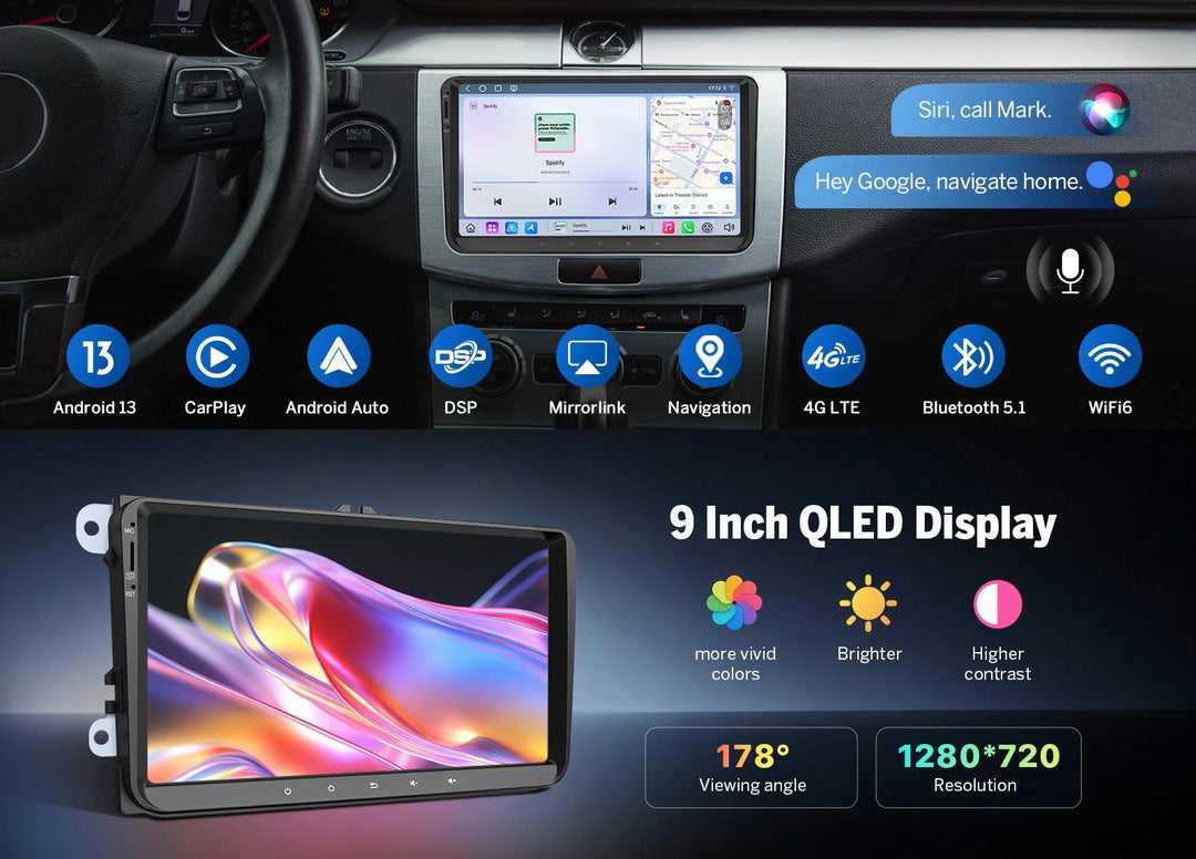 Black 9-inch QLED car radio headunit with “Android 13, CarPlay, DSP, 4G LTE, Bluetooth 5.1, Wi-Fi 6” text.