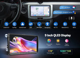 Black 9-inch QLED car radio headunit with “Android 13, CarPlay, DSP, 4G LTE, Bluetooth 5.1, Wi-Fi 6” text.