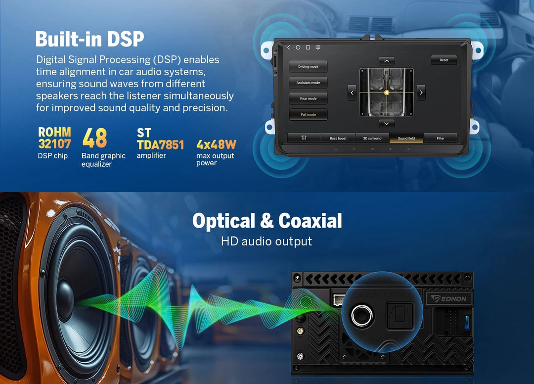 Black 9-inch QLED 6+64 Android Auto car radio headunit with blue-lit touchscreen displaying home apps and dual speakers.