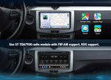 Black 9-inch QLED car radio headunit with Google Map, Apple Map, and Waze icons on a gray VW Tiguan dashboard.