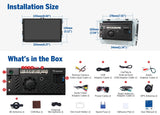 Black 9-inch QLED 6+64 Android Auto car radio headunit with camera, USB adapter, and antenna in box.