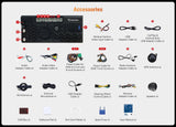 GM2V7 13" 8+128G car stereo with accessories: power cable, USB adapter, rearview camera, 4G antenna, and more.