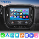Chevy Silverado 2014–2018 CarPlay with black leather trim, side panel, and EONON logo on screen.