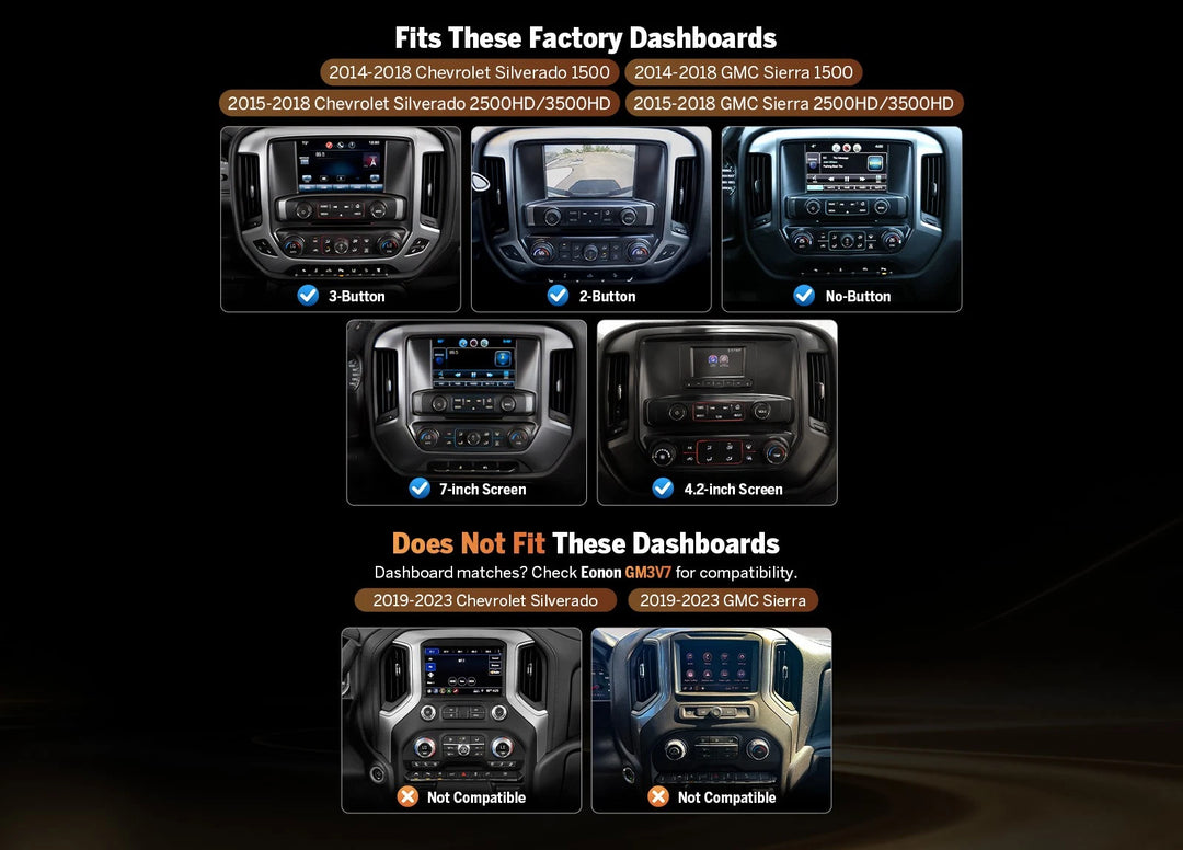 GM2V7 13" 8+128G car stereo with touchscreen, blue buttons, and “No Not Compatible” text for Chevy Silverado 2014-2018.