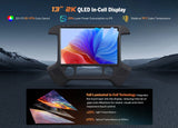 Black GM2V7 13" 8+128G car stereo with 2K LED In-Cell Display, showing specs and benefits on a gradient grid background.