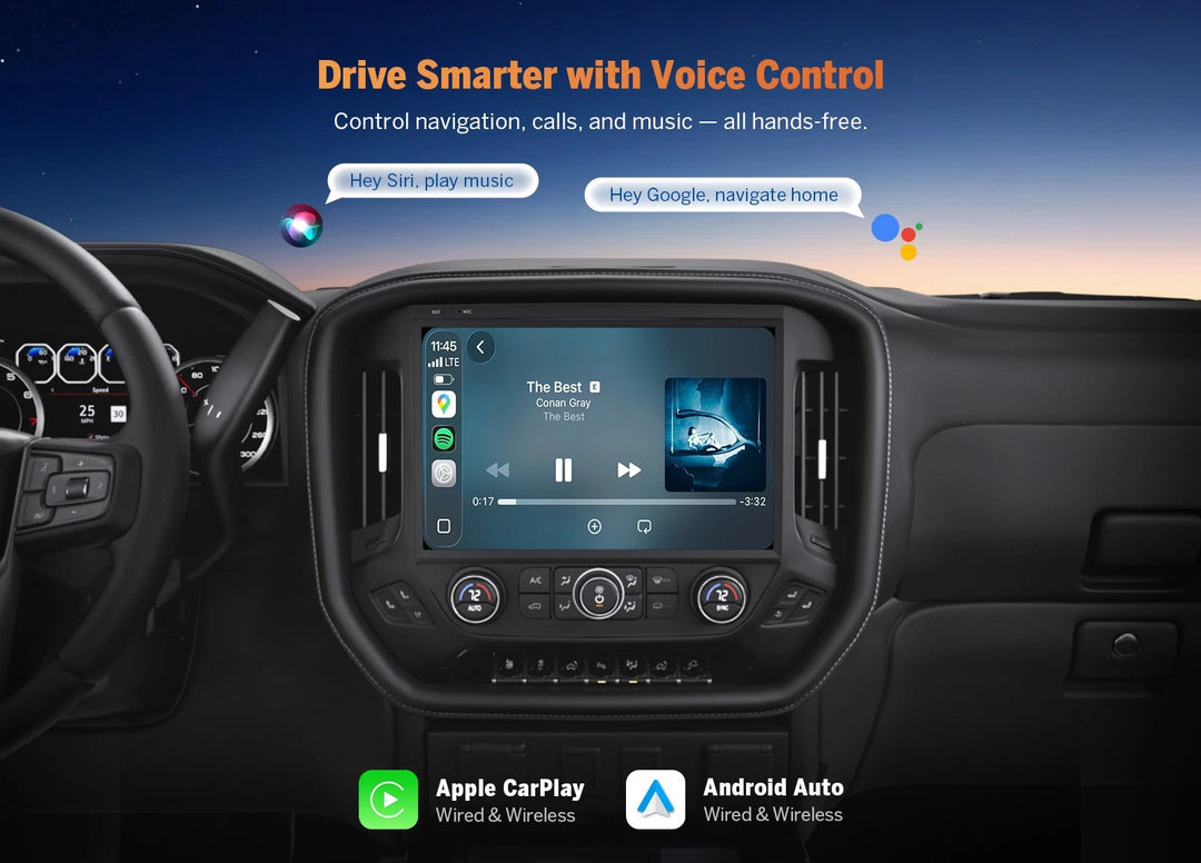 Chevy Silverado 2014-2017 with touchscreen, “Drive Smarter with Voice Control” text, and Apple CarPlay/Android Auto logos.