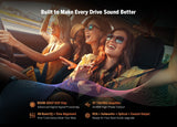 Chevy Silverado 2014-2018 CarPlay amplifier with orange LED, flanked by two people, text “Built to Make Every Drive Sound Better.”