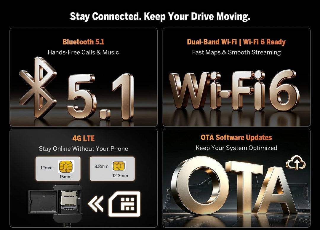 Black GM2V7 13" 8+128G car stereo with gold branding, streaming icons, and “Stay Connected” text on screen.