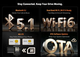 Black GM2V7 13" 8+128G car stereo with gold branding, streaming icons, and “Stay Connected” text on screen.